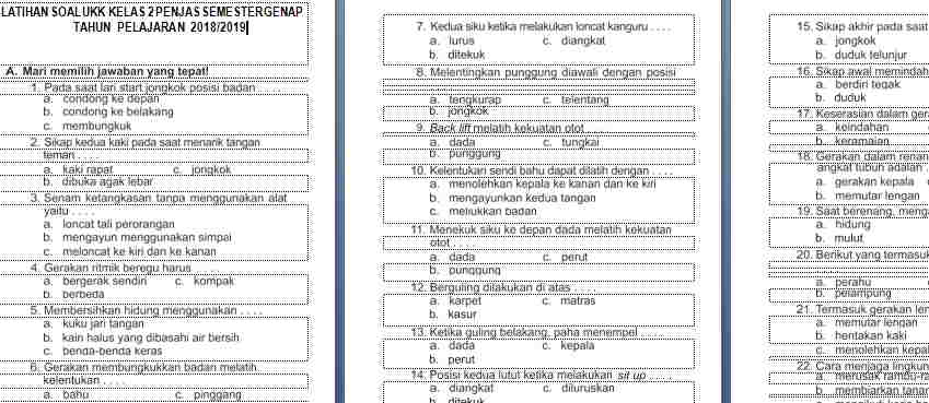 Soal UAS/UKK PJOK Kelas 2 Semester 2