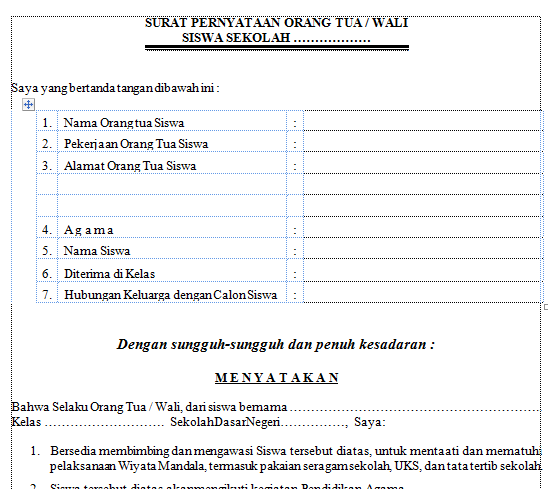 Pernyataan Orang tua untuk Pendaftaran Siswa Baru