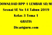 Download RPP 1 Lembar Kelas 3 Tema 1 GRATIS