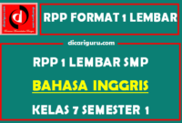 RPP Bahasa Inggris 1 Lembar SMP Kelas 7 Semester 1 (Ganjil)