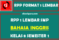 RPP Bahasa Inggris 1 Lembar SMP Kelas 8 Semester 1 (Ganjil)