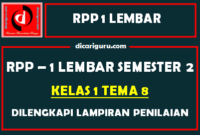 RPP 1 Lembar Kelas 1 Tema 8 Dilengkapi Lampiran Penilaian