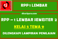 RPP 1 Lembar Kelas 5 Tema 9 Dilengkapi Lampiran Penilaian